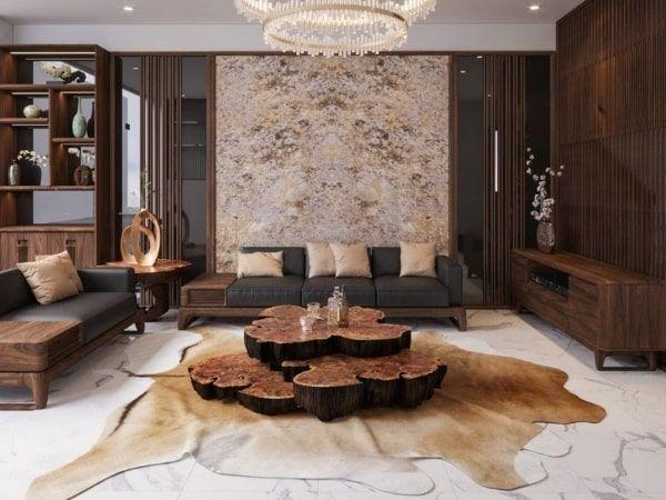Không gian phòng khách trông vừa ấm áp vừa sang trọng với sofa gỗ óc chó