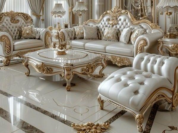 Sofa luxury khung mạ vàng phối bọc da bóng sang trọng
