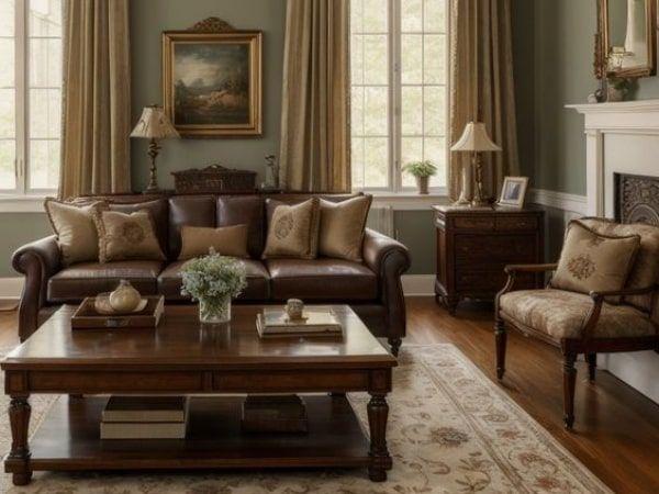 Bộ sofa luxury với một sofa lớn bọc da và một ghế đơn bọc vải vô cùng hòa hợp