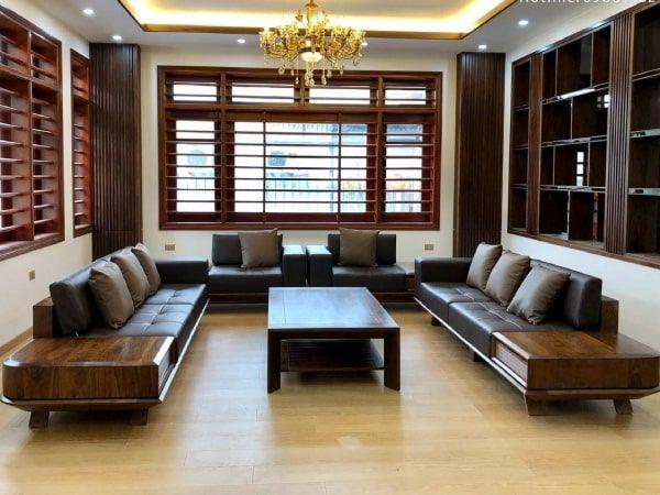 Mẫu sofa gỗ óc chó cho không gian nhà chung cư