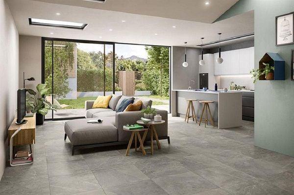 Bài trí ghế sofa góc giữa phòng khách và phòng ăn