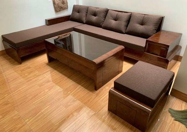 Mẫu sofa gỗ chữ L đẹp nệm vải canvas kèm bàn mặt kiếng