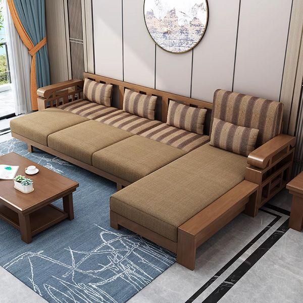 Thiết kế mẫu sofa gỗ chữ L đẹp bọc nệm vải bố phù hợp với nhiều phong cách nội thất
