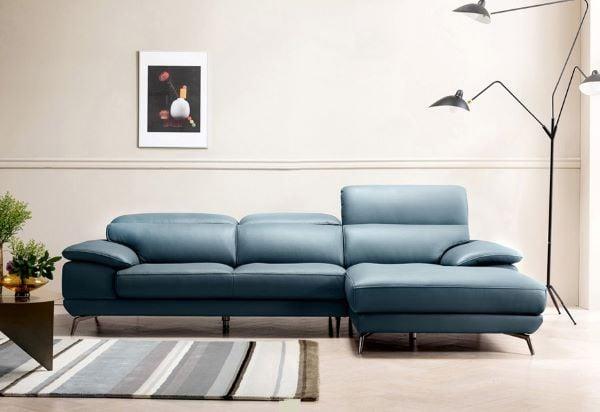 Sofa vải giả da màu xanh phối chân kim loại tinh tế