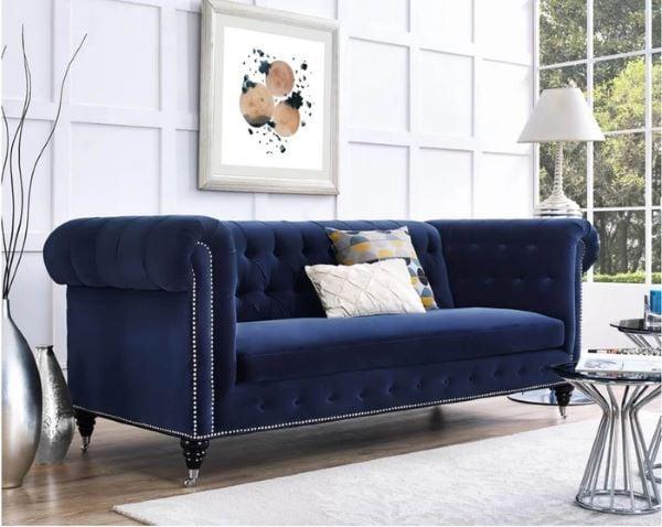 Mẫu ghế sofa phối vải nhung xanh có thiết kế vuông vức bắt mắt