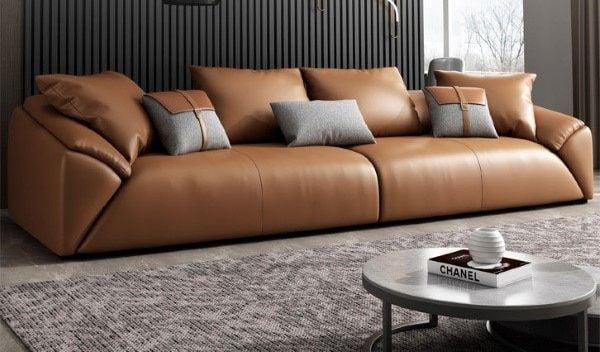 Sofa bọc da nâu không chân thoải mái