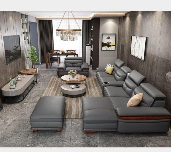 Sofa da màu xám phối với gỗ