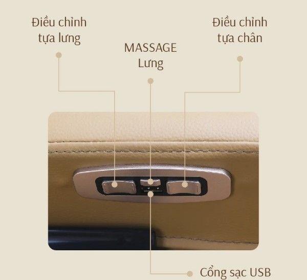 Các nút điều chỉnh massage và tư thế ngồi tiện ích được tích hợp trên thân ghế